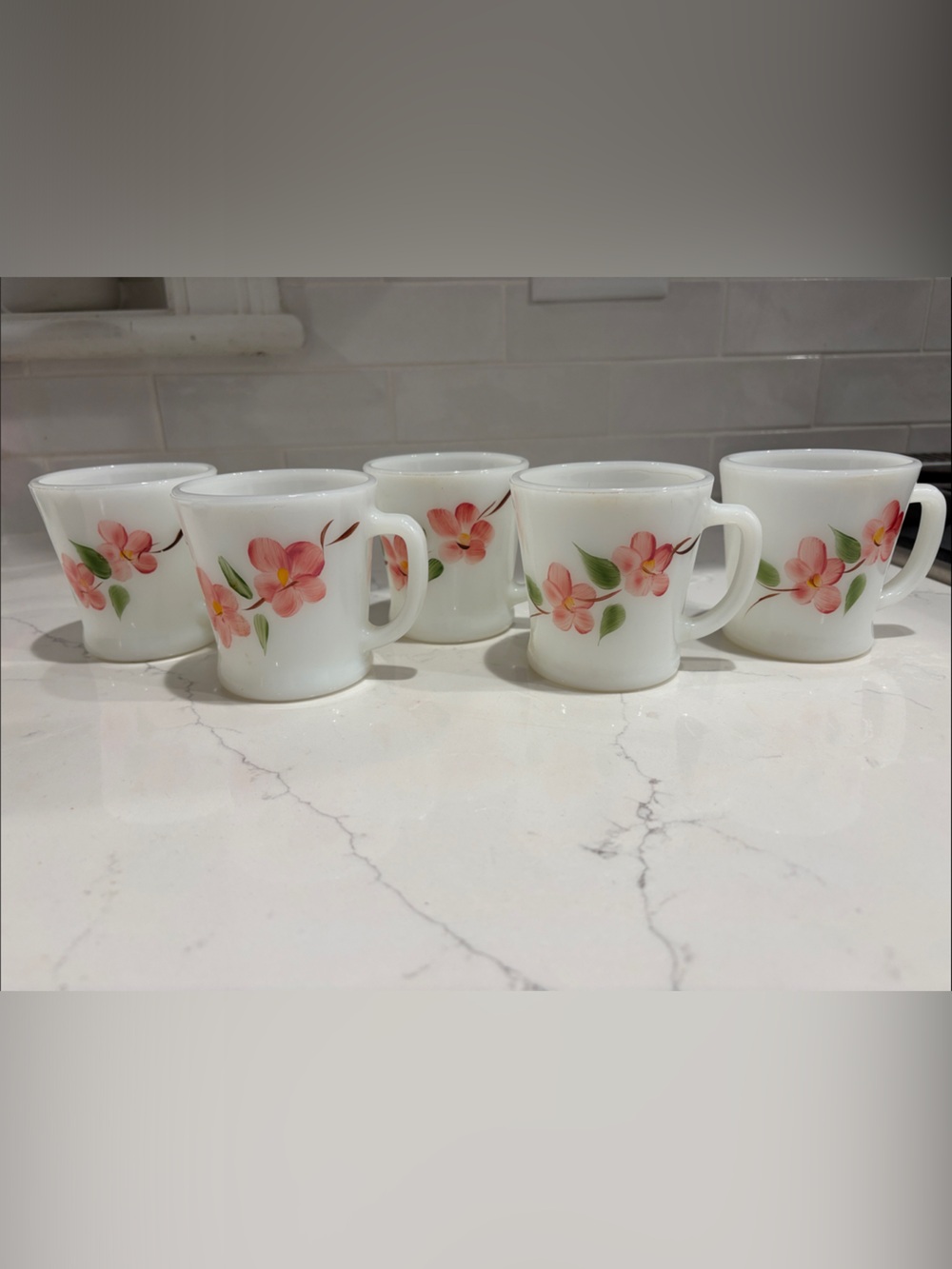 Anchor Hocking Milk Glass White Mugs in Peach Blossom Design - Set of 5